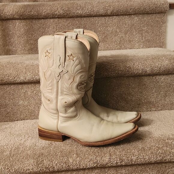 Dos De Oro Women's White Leather Western Boots w/ Gold Stitch Detailing Size 6 - Picture 1 of 14